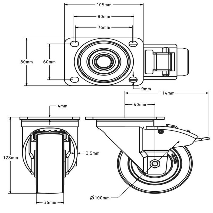 Gumowe kółka obrotowe z hamulcem 100 mm - łożysko kulkowe - 150 kg