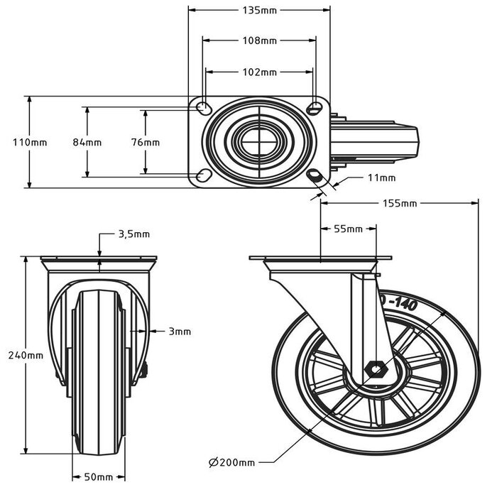 Gumowe kółko obrotowe 200 mm - łożysko kulkowe - 450 kg
