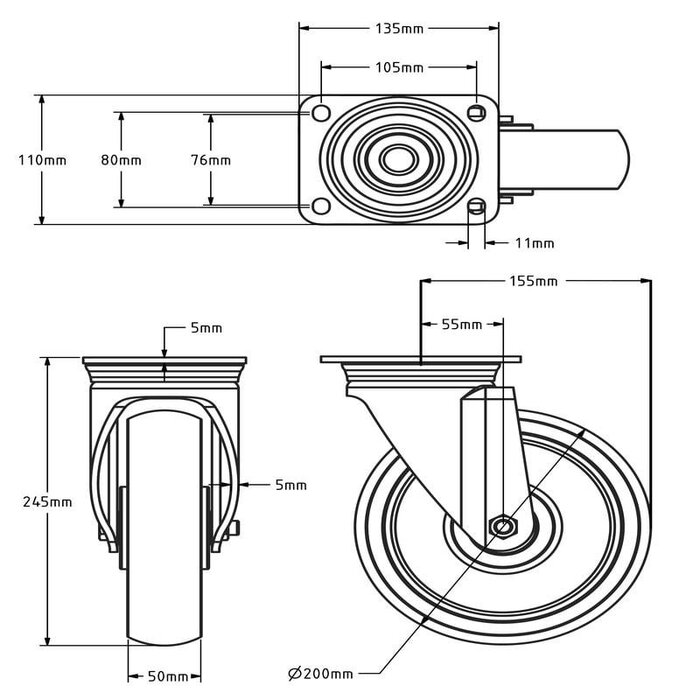 Nylonowe kółko obrotowe do dużych obciążeń 200 mm - 1000 kg