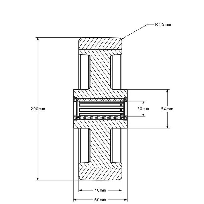 Kółko gumowe 200 mm - otwór łożyska kulkowego 20 mm - 400 kg
