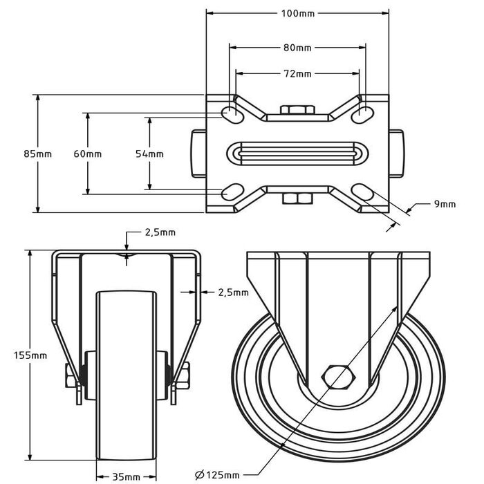 Kółko stałe ze stali nierdzewnej 125 mm - łożysko wałeczkowe - 200 kg