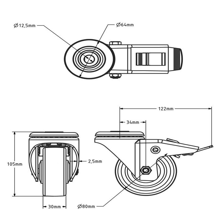 Gumowe kółka obrotowe z hamulcem 80 mm - łożysko kulkowe - 80 kg
