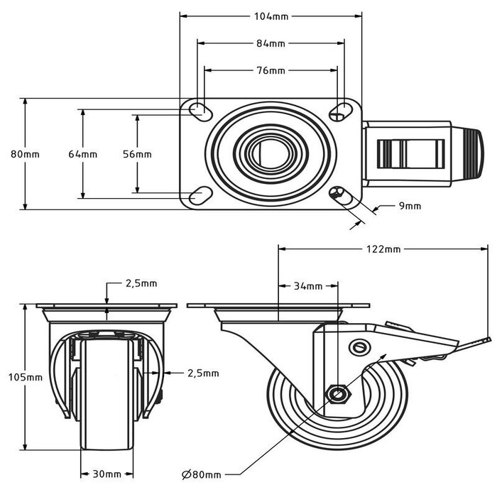 Gumowe kółka obrotowe z hamulcem 80 mm - łożysko kulkowe - 80 kg
