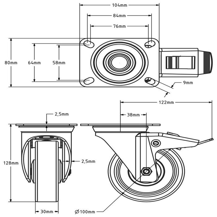 Gumowe kółka obrotowe z hamulcem 100 mm - łożysko kulkowe - 100 kg