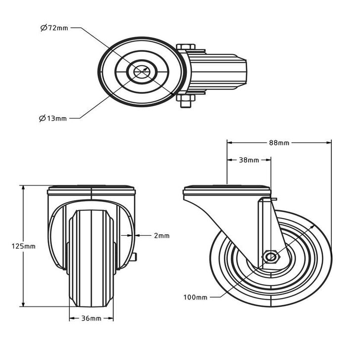 Czarne kółko obrotowe 100 mm - łożysko rolkowe - 150 kg