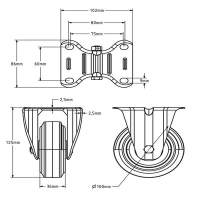 Czarne kółko stałe 100 mm - łożysko rolkowe - 150 kg