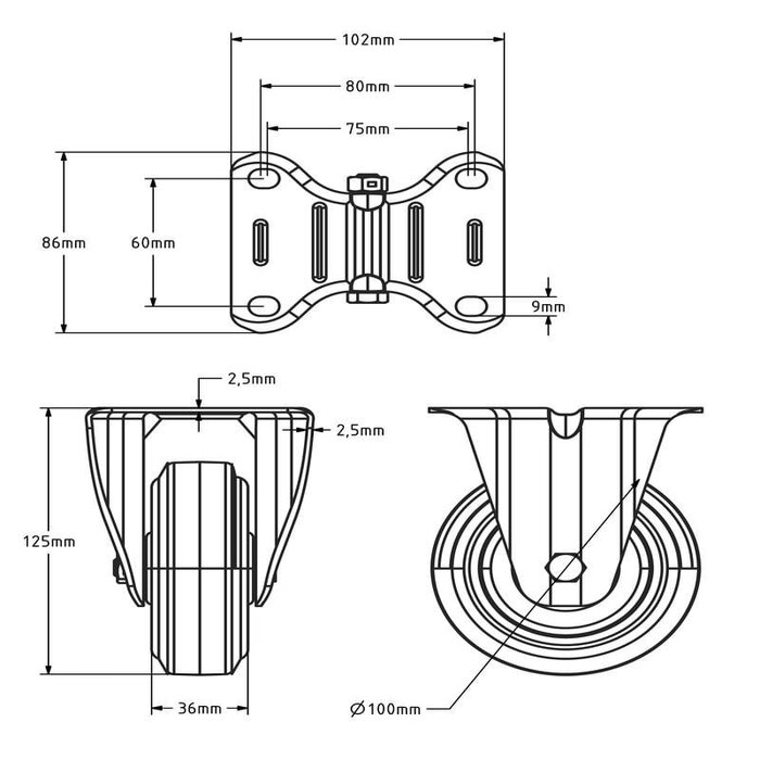 Czarne kółko stałe 100 mm - łożysko rolkowe - 150 kg
