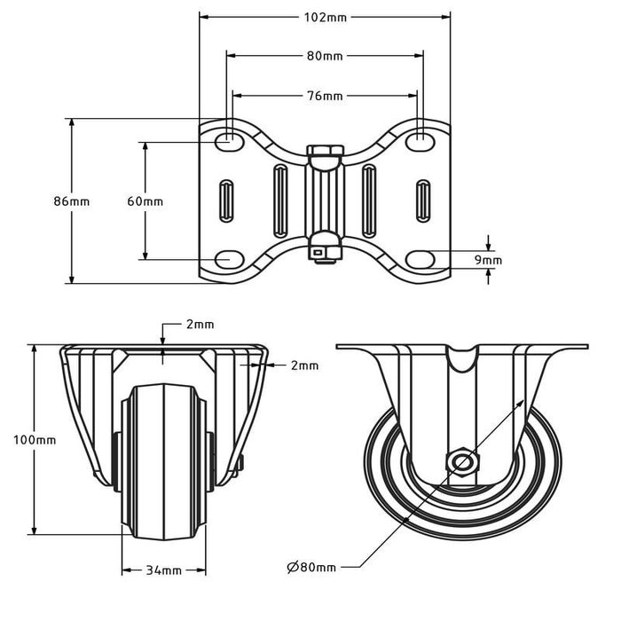 Czarne kółko stałe 80 mm - łożysko wałeczkowe - 100 kg