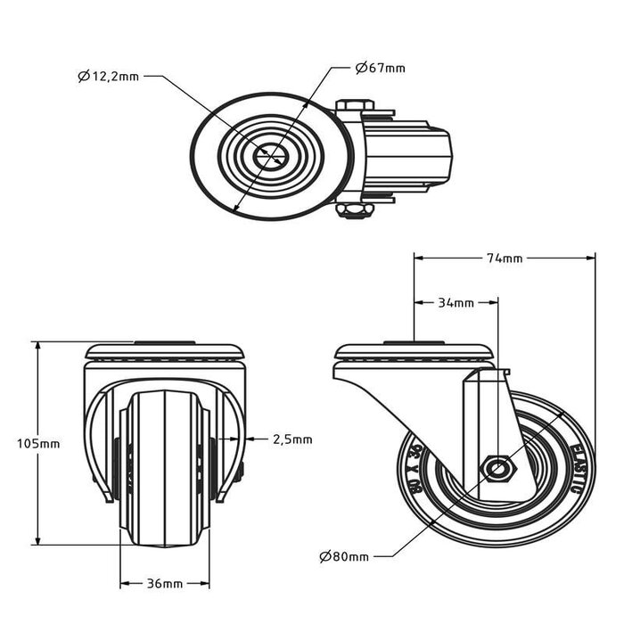 Gumowe kółko obrotowe 80 mm - łożysko wałeczkowe - 110 kg