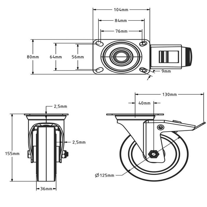 Gumowe kółka obrotowe z hamulcem 125 mm - łożysko rolkowe - 220 kg