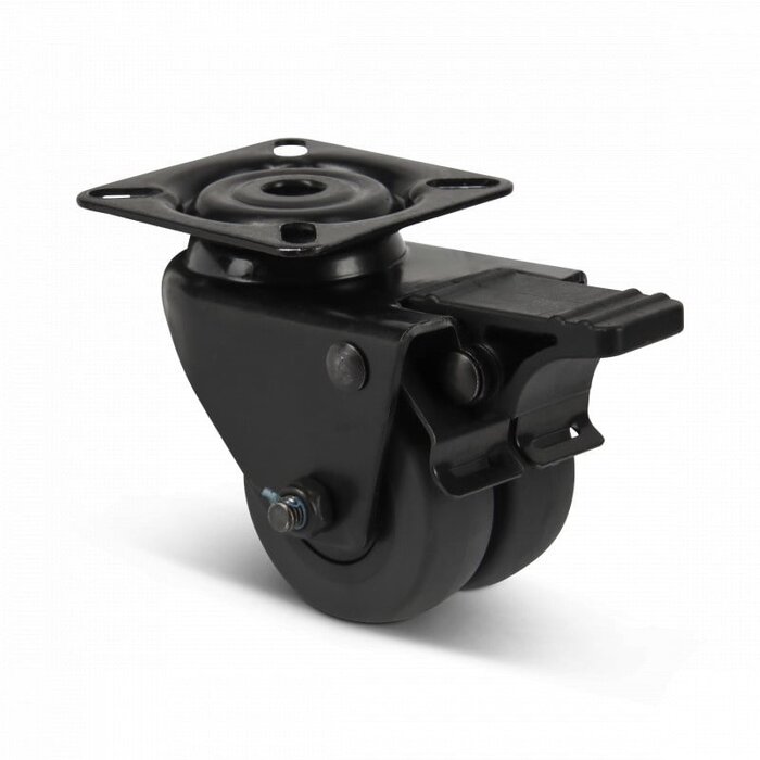 Podwójne czarne kółko obrotowe z hamulcem 50 mm - płytka - 80 kg