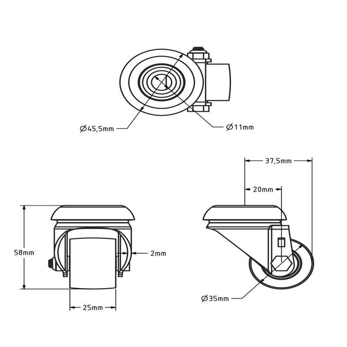 Mini kółko obrotowe do dużych obciążeń 35 mm - łożysko kulkowe - 100 kg