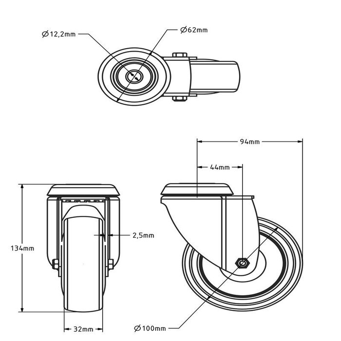 Kółko obrotowe 100 mm - łożysko kulkowe - 100 kg