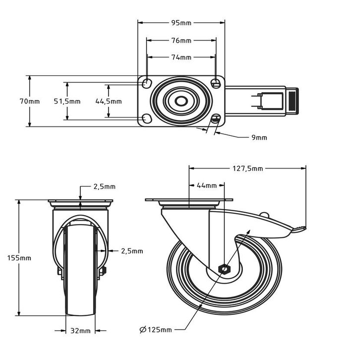 Kółko obrotowe z hamulcem 125 mm - łożysko kulkowe - 125 kg