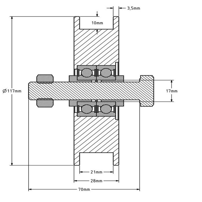 Koło rowkowane 120 mm z kwadratowym rowkiem - 450 kg