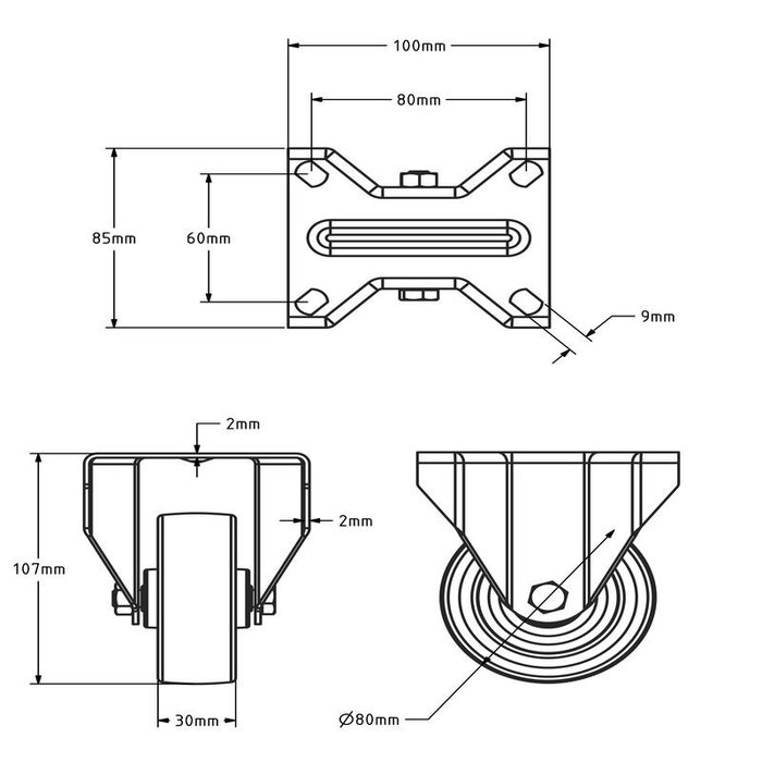 Kółko stałe ze stali nierdzewnej 80 mm - łożysko wałeczkowe - 120 kg