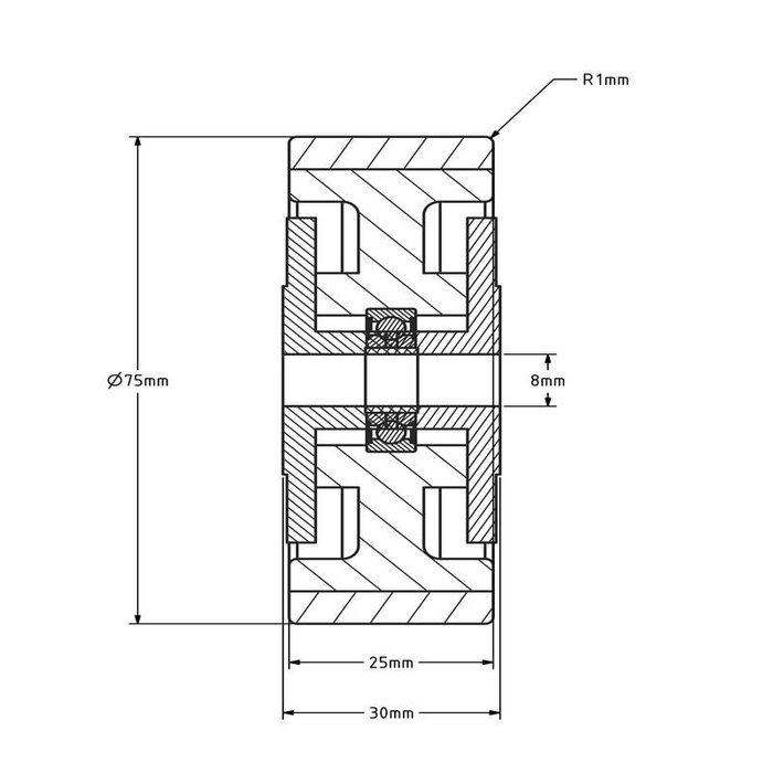 Kółko gumowe 75 mm - otwór łożyska kulkowego 8 mm - 75 kg