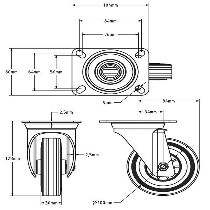Gumowe kółko obrotowe 100 mm - łożysko wałeczkowe - 70 kg