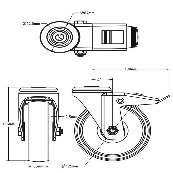 Nylonowe kółka obrotowe z hamulcem 125 mm - łożysko rolkowe - 200 kg