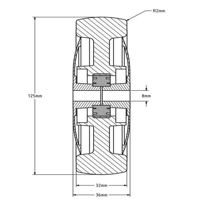 Kółko gumowe 125 mm - otwór łożyska kulkowego 8 mm - 100 kg