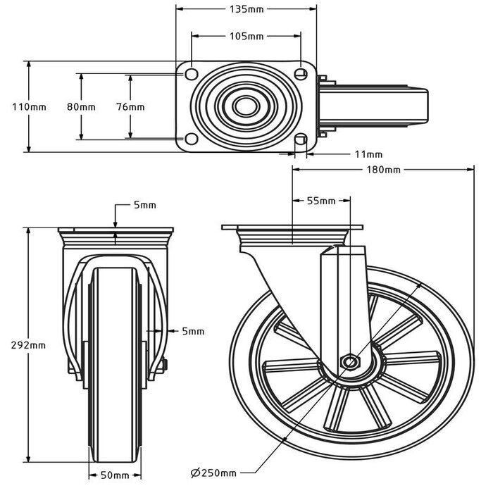 Gumowe kółko obrotowe 250 mm - łożysko kulkowe - 500 kg