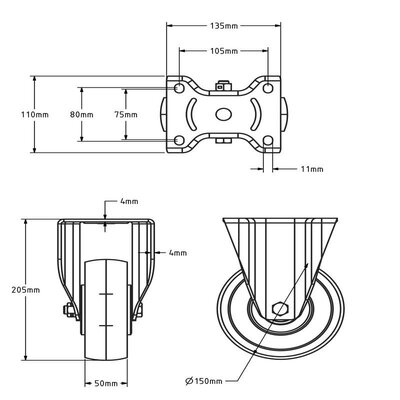 Nylonowe kółko stałe 150 mm - wzmocnione - łożysko kulkowe - 800 kg