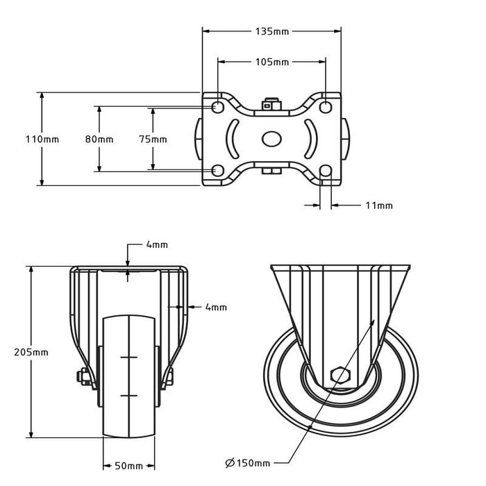 Nylonowe kółko stałe 150 mm - wzmocnione - łożysko kulkowe - 800 kg