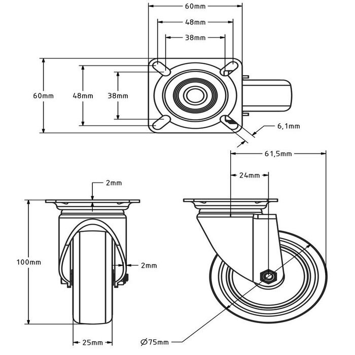 Gumowe kółko obrotowe 75 mm - płytka - 75 kg
