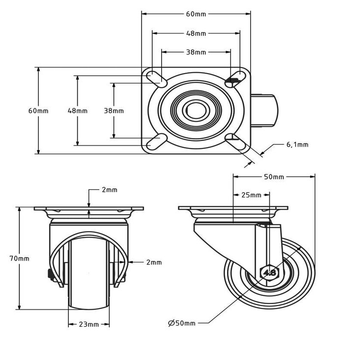 Gumowe kółko obrotowe 50 mm - łożysko kulkowe - płytka - 50 kg