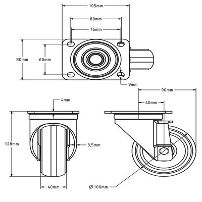 Kółko obrotowe PU 100 mm brązowe wypukłe - 270 kg