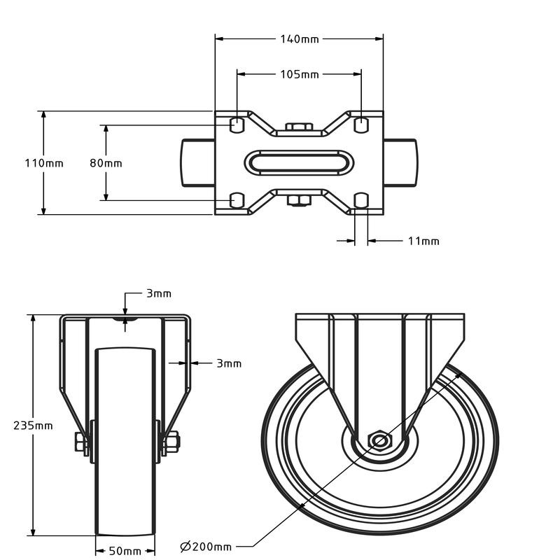 Kółko stałe ze stali nierdzewnej 200 mm - łożysko wałeczkowe - 300 kg