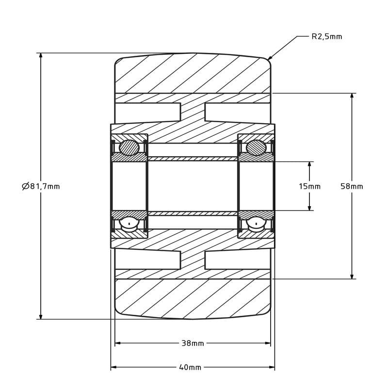 Kóło PU 80 mm - otwór łożyska kulkowego 15 mm - 250 kg