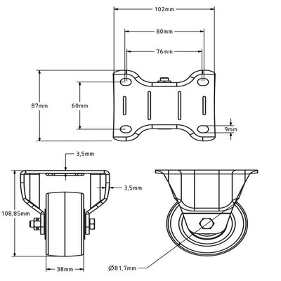 PU kółko stałe 80 mm - łożysko kulkowe - 250 kg