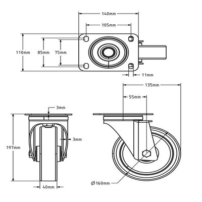 Kółko obrotowe ze stali nierdzewnej 160 mm - łożysko wałeczkowe - 300 kg