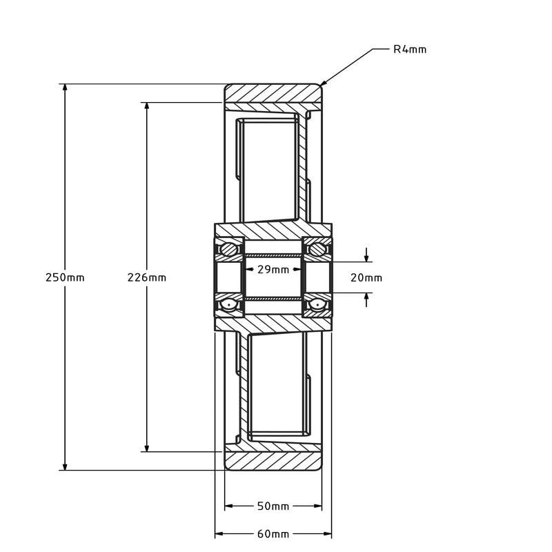 Kóło PU 250 mm - otwór łożyska kulkowego 20 mm - 1000 kg