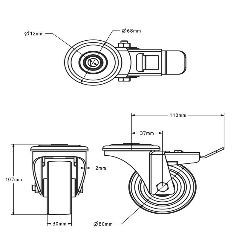 Kółka obrotowe ze stali nierdzewnej z hamulcem 80 mm - łożysko rolkowe - 120 kg