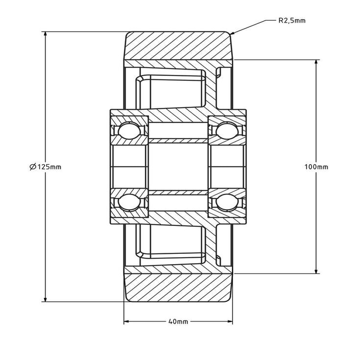 Kóło PU 125 mm - otwór łożyska kulkowego 20 mm - 350 kg