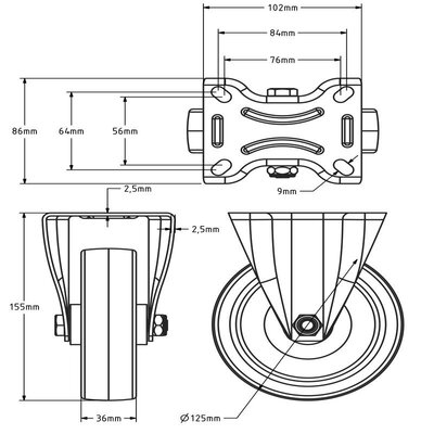 Kółko stałe PU 125 mm - 200 kg