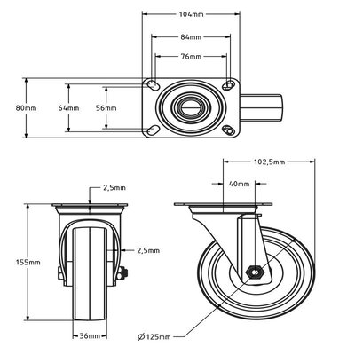 Kółko obrotowe PU 125 mm - łożysko rolkowe - 200 kg