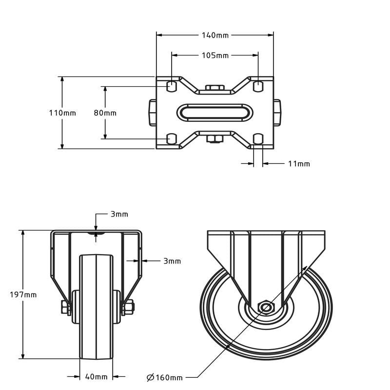 Kółko stałe ze stali nierdzewnej 160 mm - Nylon - 300 kg