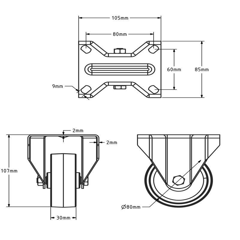 Kółko stałe ze stali nierdzewnej 80 mm - Nylon - 120 kg