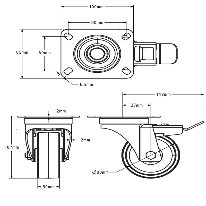 Kółka obrotowe ze stali nierdzewnej z hamulcem 80 mm - Nylon - 120 kg