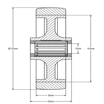 Kóło PU 125 mm - otwór łożyska wałeczkowego 12 mm - 200 kg