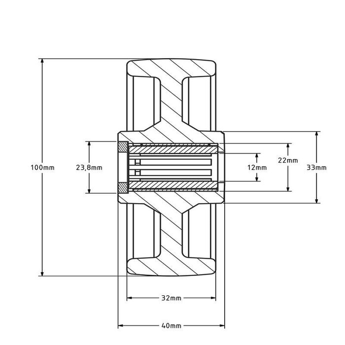 Kóło PU 100 mm - otwór łożyska wałeczkowego 12 mm - 150 kg