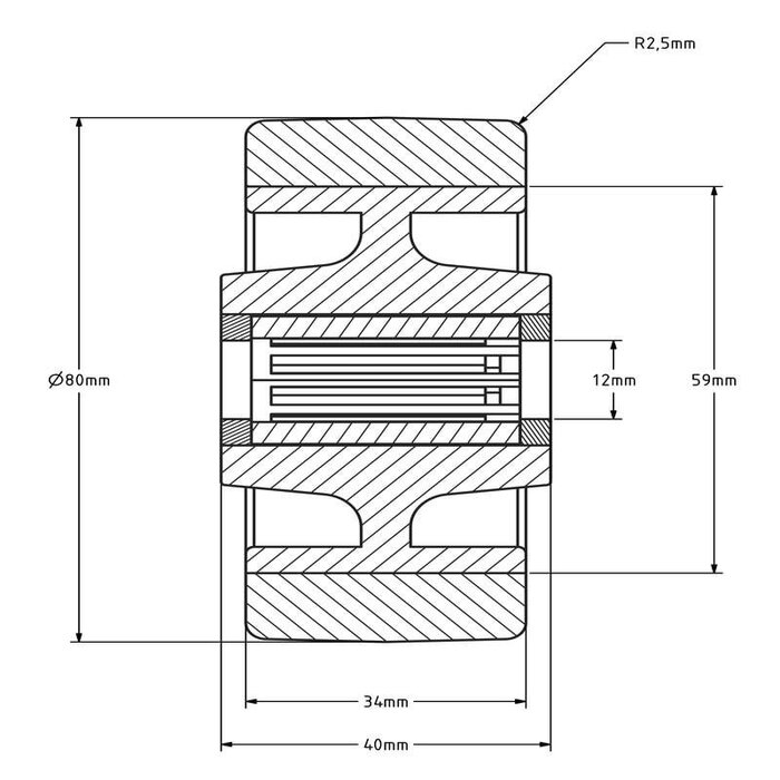 Kółko PU 80 mm - otwór łożyska wałeczkowego 12 mm - 130 kg