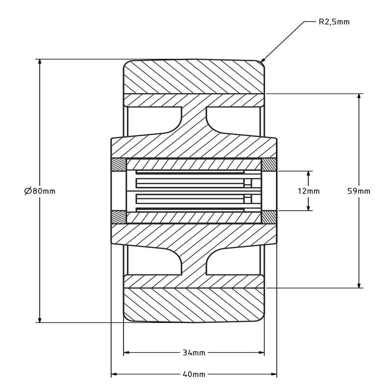 Kółko PU 80 mm - otwór łożyska wałeczkowego 12 mm - 130 kg