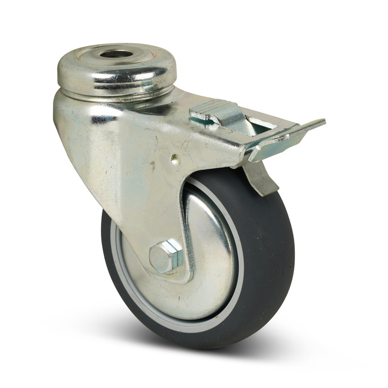 Kółko obrotowe gumowe z hamulcem 100 mm - łożysko kulkowe - otwór na śrubę - 80 kg
