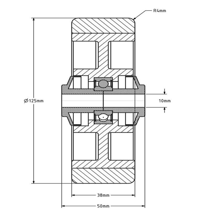 Kóło PU ze stali nierdzewnej 125 mm - otwór łożyska kulkowego 10 mm - 200 kg