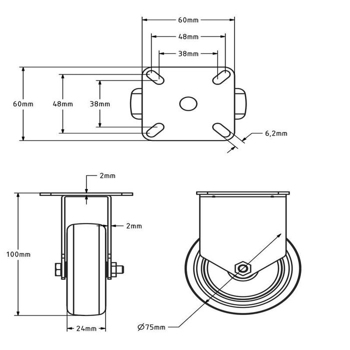 Kółko stałe gumowe 75 mm - łożysko kulkowe - płytka - 75 kg