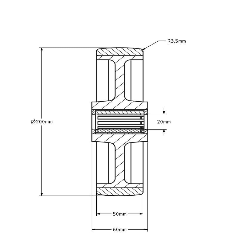 Kóło PU 200 mm - otwór łożyska wałeczkowego 20 mm - 400 kg